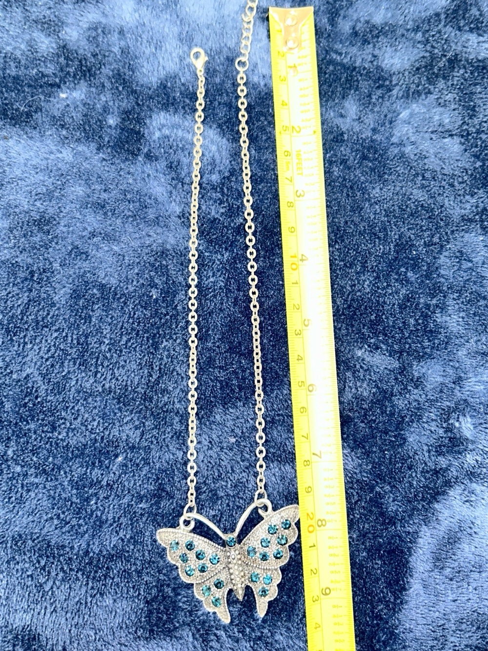 Silver Butterfly Pendant Necklace with Teal Crystals - Picture 2 of 5